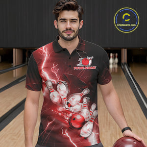 Custom Red Thunder Lightning Bowling Polo Shirts For Men, Bowling League Shirt IPHW9794
