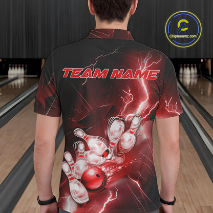 Custom Red Thunder Lightning Bowling Polo Shirts For Men, Bowling League Shirt IPHW9794