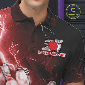 Custom Red Thunder Lightning Bowling Polo Shirts For Men, Bowling League Shirt IPHW9794