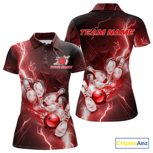 Custom Red Thunder Lightning Bowling Polo Shirts For Women, Bowling League Shirt IPHW9794