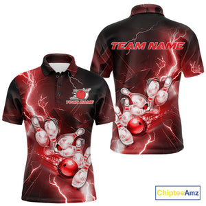Custom Red Thunder Lightning Bowling Polo Shirts For Men, Bowling League Shirt IPHW9794