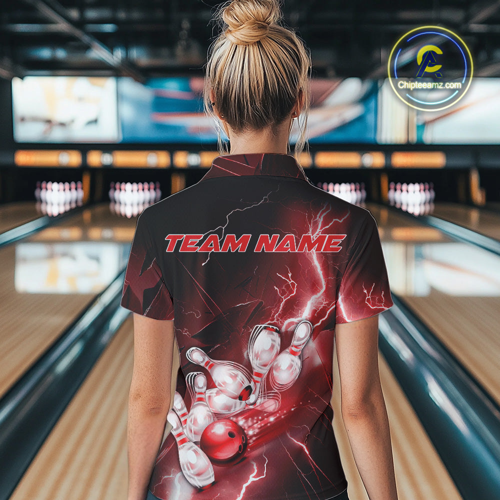 Custom Red Thunder Lightning Bowling Quarter-Zip Shirts For Women, Bowling League Shirt IPHW9794