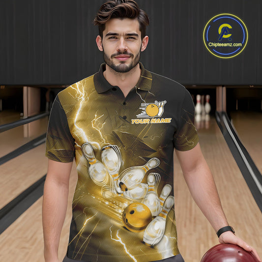 Custom Yellow Thunder Lightning Bowling Polo Shirts For Men, Bowling League Shirt IPHW9795