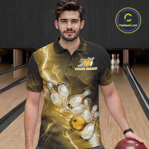 Custom Yellow Thunder Lightning Bowling Polo Shirts For Men, Bowling League Shirt IPHW9795