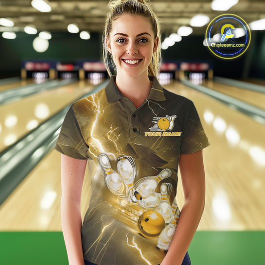 Custom Yellow Thunder Lightning Bowling Polo Shirts For Women, Bowling League Shirt IPHW9795