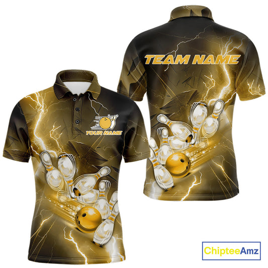 Custom Yellow Thunder Lightning Bowling Polo Shirts For Men, Bowling League Shirt IPHW9795