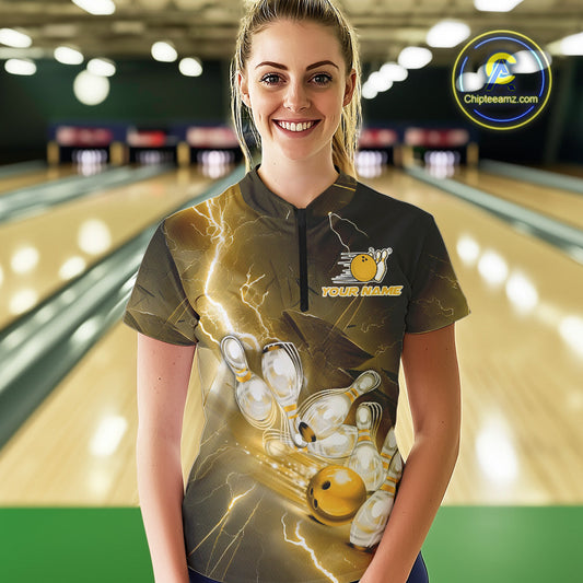 Custom Yellow Thunder Lightning Bowling Quarter-Zip Shirt For Women, Bowling League Shirt IPHW9795