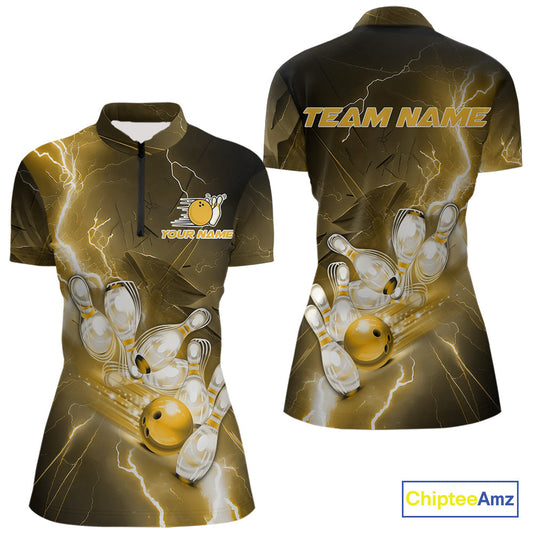 Custom Yellow Thunder Lightning Bowling Quarter-Zip Shirt For Women, Bowling League Shirt IPHW9795