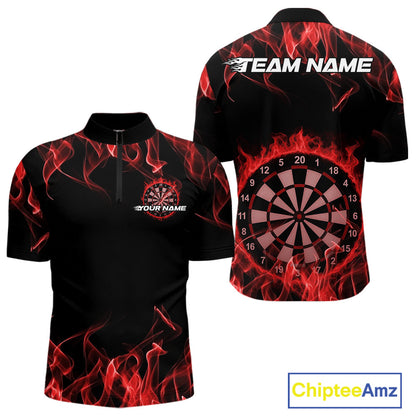 Custom Black And Red Flame Dartboard Dart Quarter-Zip Shirts For Men, Dart Players Outfits IPHW9963