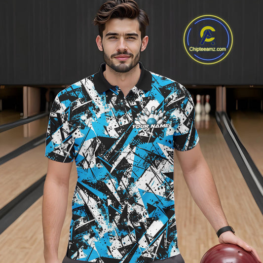 Custom Graffity Blue Camo Bowling Team Men Polo Shirts, Camouflage Bowling Jerseys IPHW10215