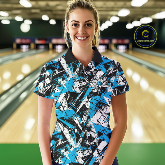 Custom Graffity Blue Camo Bowling Team Women Polo Shirts, Camouflage Bowling Jerseys IPHW10215