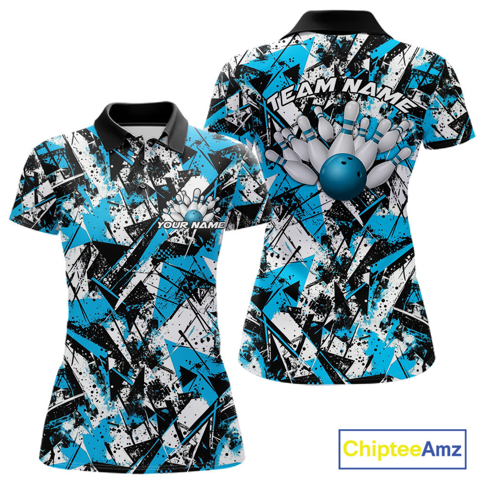 Custom Graffity Blue Camo Bowling Team Women Polo Shirts, Camouflage Bowling Jerseys IPHW10215