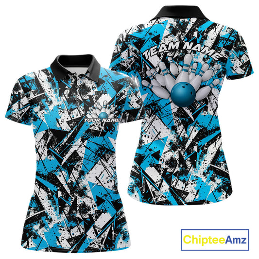 Custom Graffity Blue Camo Bowling Team Women Polo Shirts, Camouflage Bowling Jerseys IPHW10215
