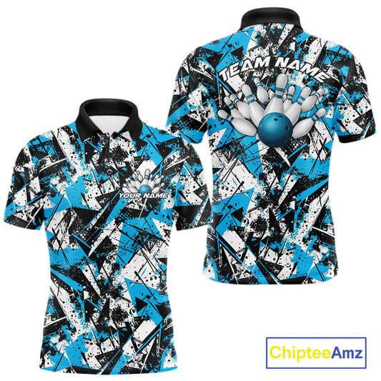 Custom Graffity Blue Camo Bowling Team Men Polo Shirts, Camouflage Bowling Jerseys IPHW10215