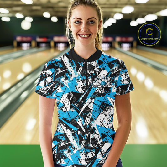 Custom Graffity Blue Camo Bowling Team Women Shirts, Camouflage Bowling Jerseys IPHW10215