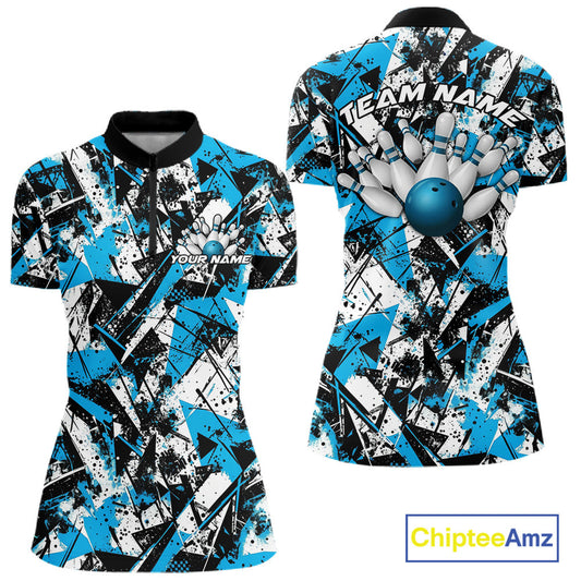 Custom Graffity Blue Camo Bowling Team Women Shirts, Camouflage Bowling Jerseys IPHW10215
