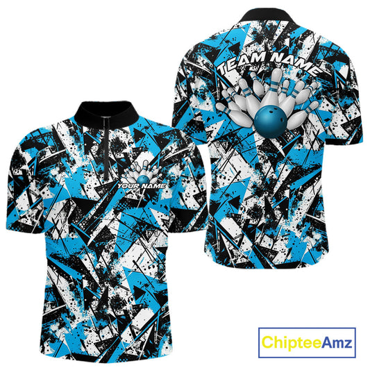 Custom Graffity Blue Camo Bowling Team Men Quarter-Zip Shirts, Camouflage Bowling Jerseys IPHW10215