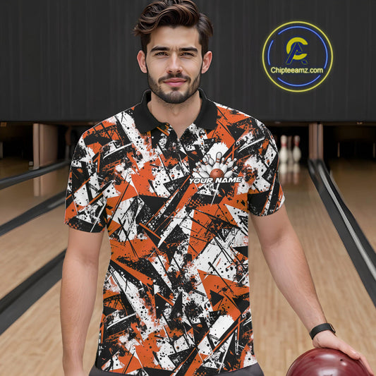 Custom Graffity Orange Camo Bowling Team Men Polo Shirts, Camouflage Bowling Jerseys IPHW10216
