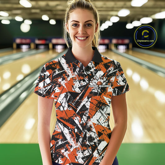 Custom Graffity Orange Camo Bowling Team Women Polo Shirts, Camouflage Bowling Jerseys IPHW10216