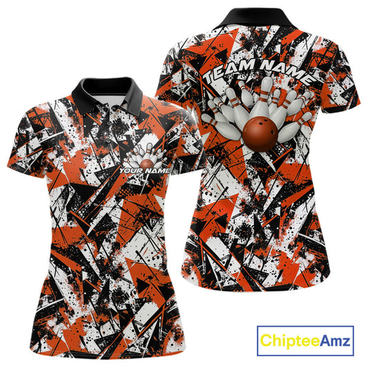Custom Graffity Orange Camo Bowling Team Women Polo Shirts, Camouflage Bowling Jerseys IPHW10216