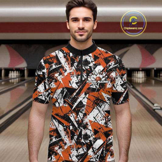Custom Graffity Orange Camo Bowling Team Men Quarter-Zip Shirts, Camouflage Bowling Jerseys IPHW10216