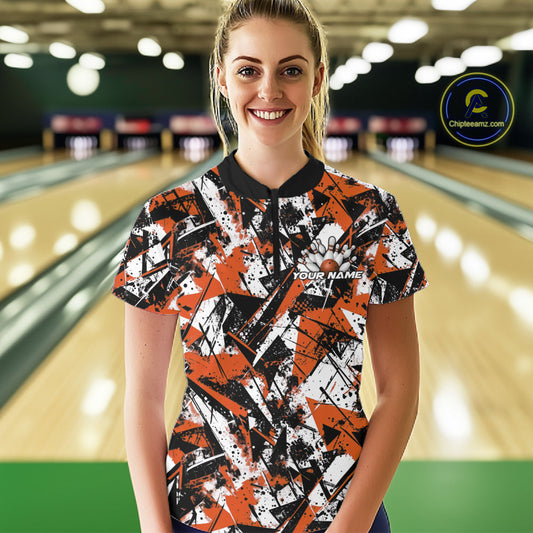 Custom Graffity Orange Camo Bowling Team Women Shirts, Camouflage Bowling Jerseys IPHW10216