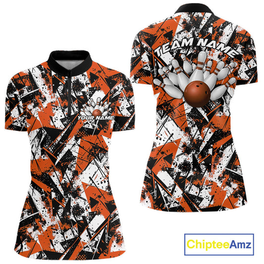 Custom Graffity Orange Camo Bowling Team Women Shirts, Camouflage Bowling Jerseys IPHW10216