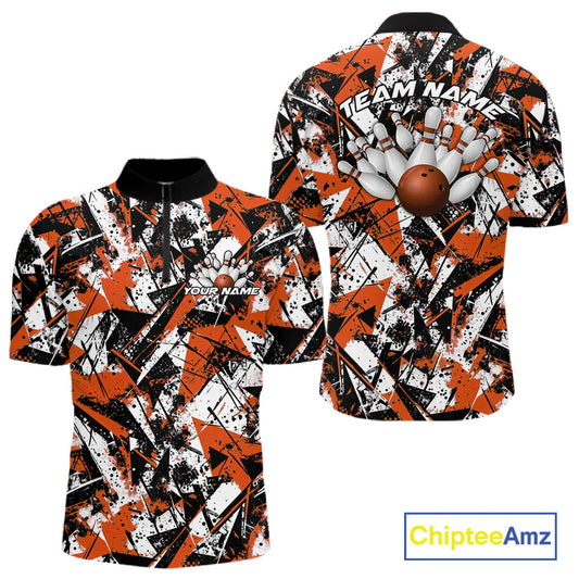 Custom Graffity Orange Camo Bowling Team Men Quarter-Zip Shirts, Camouflage Bowling Jerseys IPHW10216