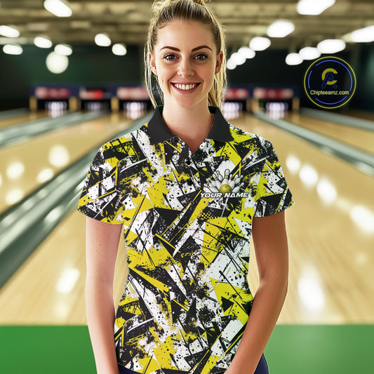 Custom Graffity Yellow Camo Bowling Team Women Polo Shirts, Camouflage Bowling Jerseys IPHW10217