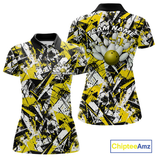 Custom Graffity Yellow Camo Bowling Team Women Polo Shirts, Camouflage Bowling Jerseys IPHW10217