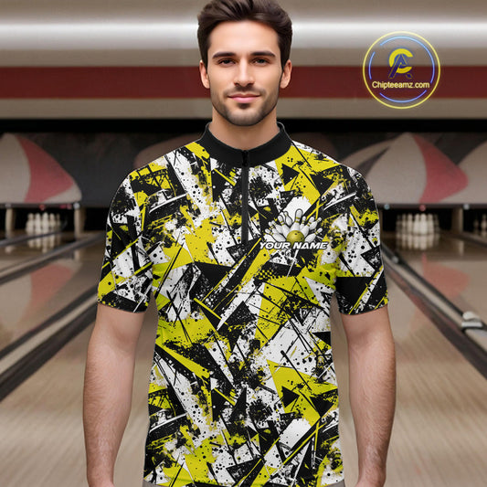 Custom Graffity Yellow Camo Bowling Team Men Quarter-Zip Shirts, Camouflage Bowling Jerseys IPHW10217