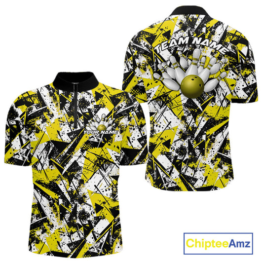 Custom Graffity Yellow Camo Bowling Team Men Quarter-Zip Shirts, Camouflage Bowling Jerseys IPHW10217