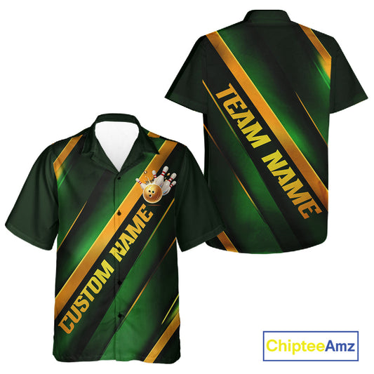 Custom Green And Gold Bowling Tournament Shirts For Men And Women With Name, Bowler Outfit IPHW10647