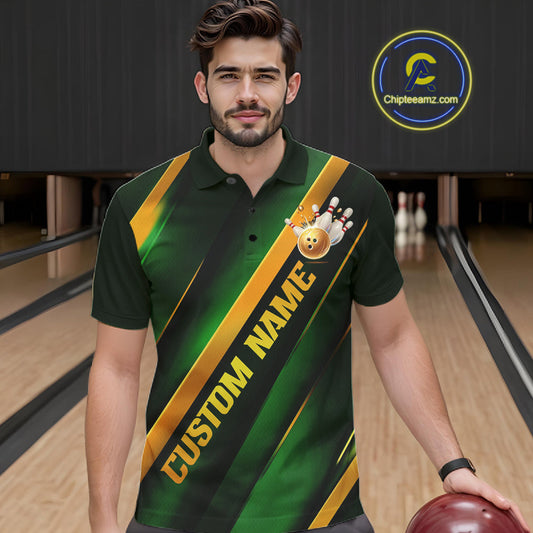 Custom Green And Gold Bowling Tournament Shirts For Men And Women With Name, Bowler Outfit IPHW10647