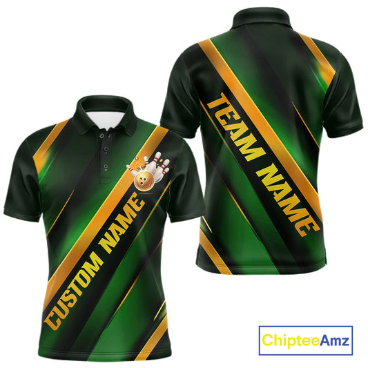 Custom Green And Gold Bowling Tournament Shirts For Men And Women With Name, Bowler Outfit IPHW10647