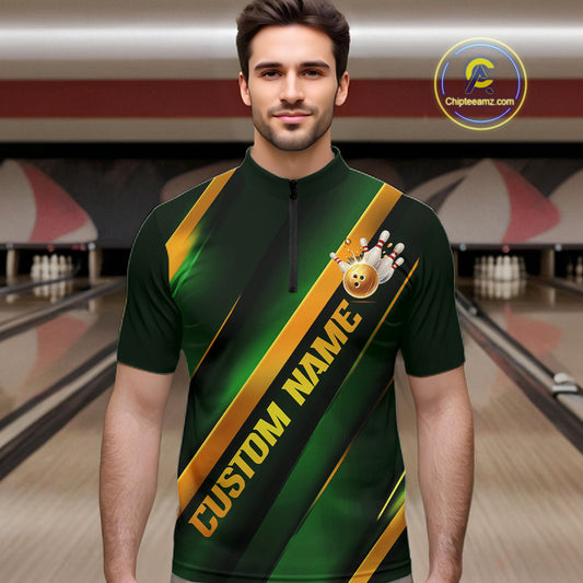 Custom Green And Gold Bowling Tournament Shirts For Men And Women With Name, Bowler Outfit IPHW10647