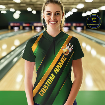 Custom Green And Gold Bowling Tournament Shirts For Women With Name, Bowler Outfit IPHW10647
