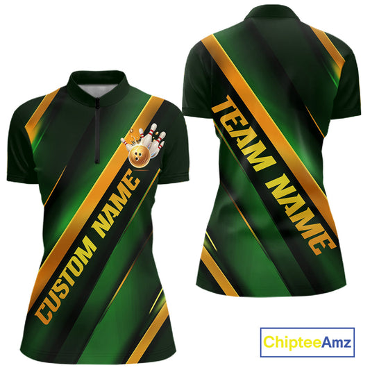 Custom Green And Gold Bowling Tournament Shirts For Women With Name, Bowler Outfit IPHW10647