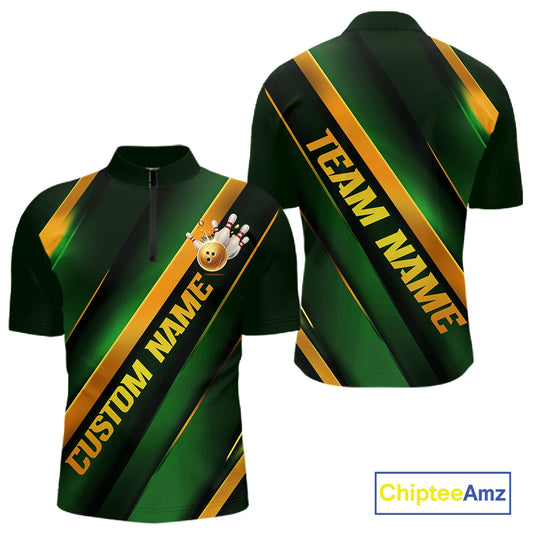 Custom Green And Gold Bowling Tournament Shirts For Men And Women With Name, Bowler Outfit IPHW10647