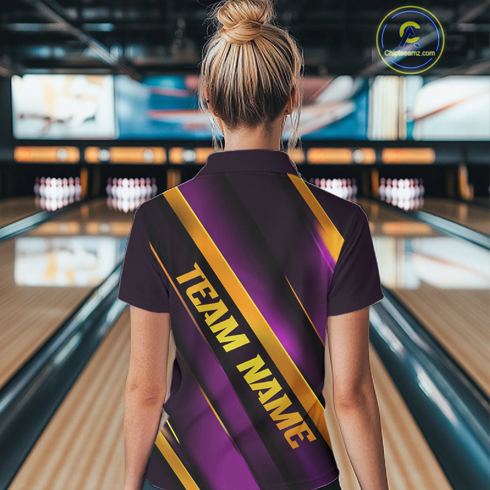 Custom Purple And Gold Bowling Tournament Shirts For Women With Names IPHW10648