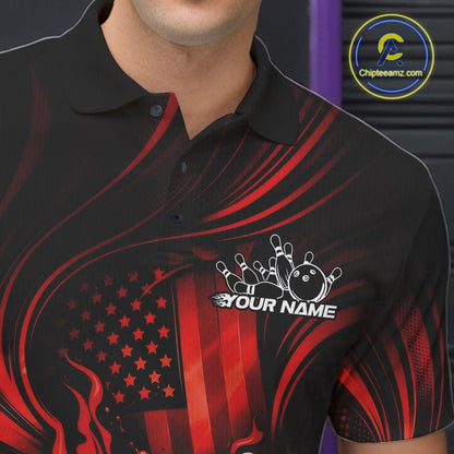 Back view of a male model in a bowling center wearing a black and red polo showcasing patriotic bowling graphics and flame effects.