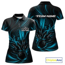 Load image into Gallery viewer, Custom Turquoise Blue Patrotic Flame Bowling Women Polo Shirt, US Flag Bowling Team Jersey IPHW11161