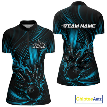 Front and back view of a black and turquoise blue women’s bowling quarter-zip shirt featuring a patriotic flaming bowling ball striking pins with distressed flag graphics.