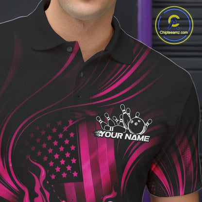 Close-up of a black and pink bowling polo shirt left chest showcasing patriotic flames and bowling strike graphics.