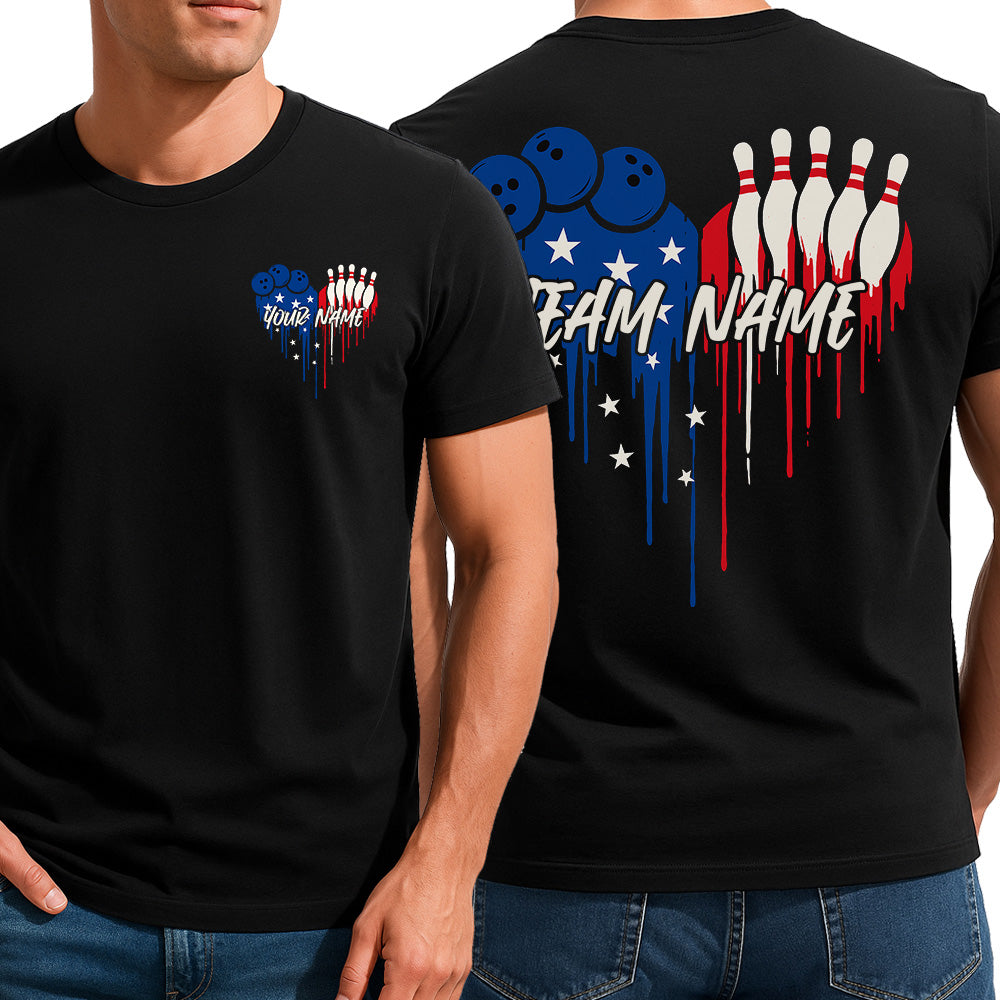 Custom Bowling T-Shirts For Men, Dripping American Flag Heart Patriotic Design IPHW9070