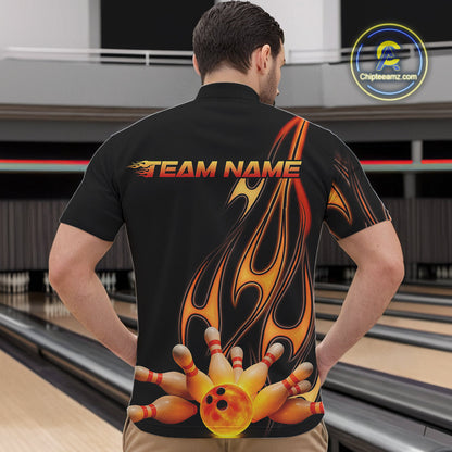 Custom Flame Bowling Team Quarter-Zip Shirts For Men, Bowling Tournament Team Outfit IPHW9287