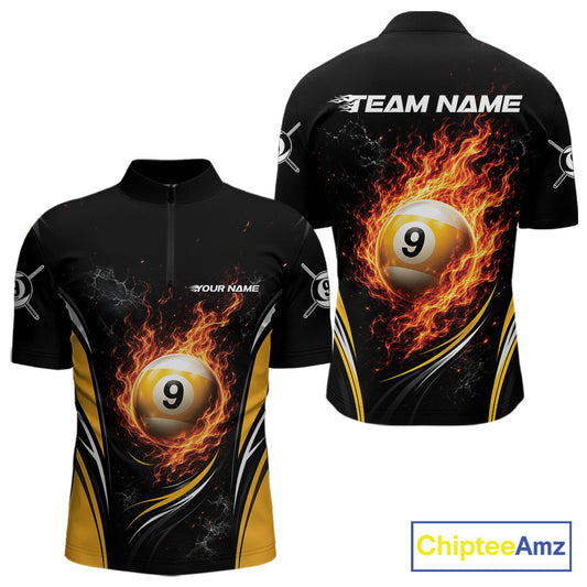 Custom Black And Yellow Flame 9 Ball Billiards Jersey, Pool Team Men Quarter Zip Shirt IPHW11749