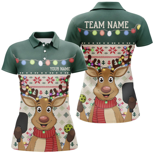 Custom Funny Christmas Reindeer Pickleball Polo Shirts For Women, Xmas Pickleball Outfit IPHW8088