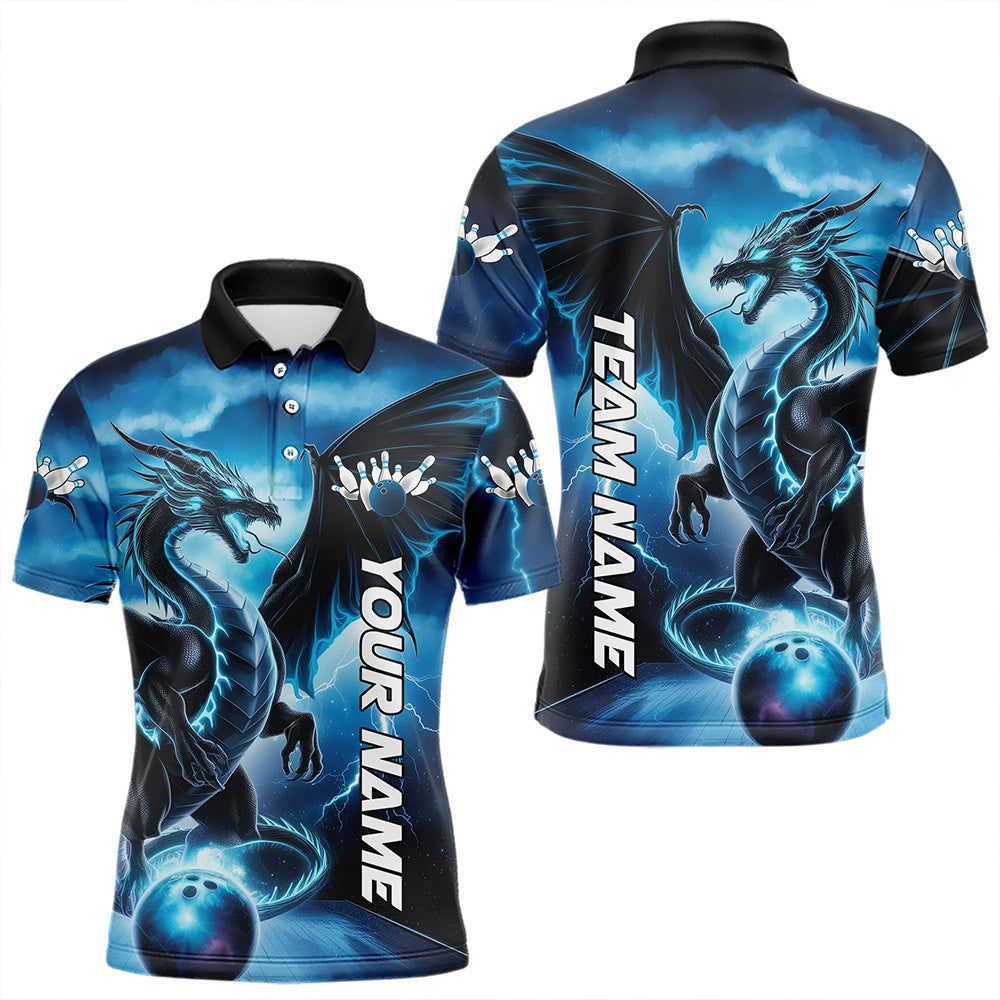 Custom Blue Thunder Lightning Dragon Bowling Polo Shirts For Men, Dragon Bowling Uniform IPHW8302