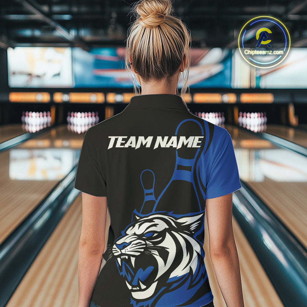 Custom Black And Blue Tiger Bowling Jerseys, Tiger Bowling Team Women Polo Shirts IPHW9015
